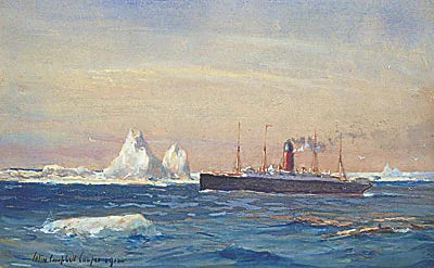 Vista del Carpathia che passa accanto agli iceberg dopo aver salvato i sopravvissuti del Titanic - Colin Campbell Cooper