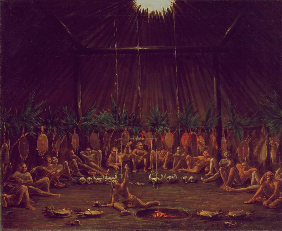 Vista interna del Medicine Lodge, cerimonia Mandan O-kee-pa - George Catlin