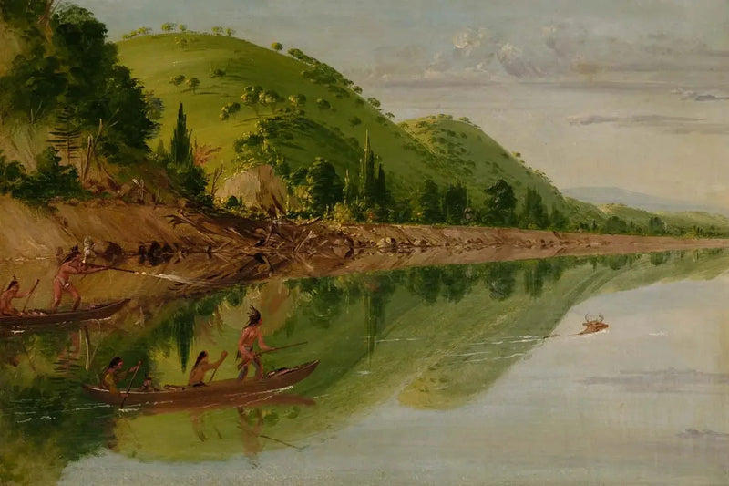 Vista sul fiume Saint-Pierre, degli indiani Sioux che inseguono un cervo nelle loro canoe - George Catlin