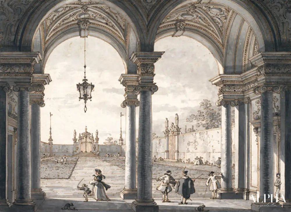 Vue sur un jardin à travers une colonnade baroque - Giovanni Antonio Canal - Reproductions de tableaux et peintures haut de gamme