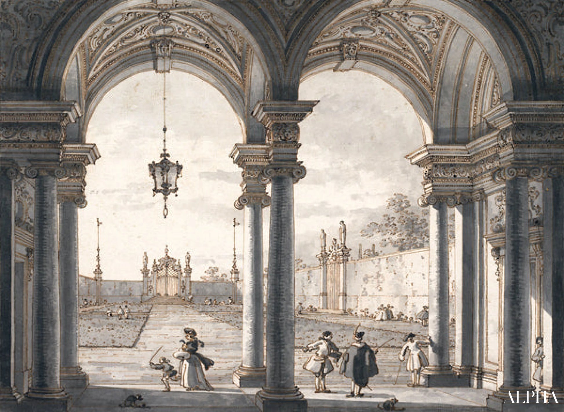 Vista su un giardino attraverso una colonnata barocca - Giovanni Antonio Canal - Riproduzioni di quadri e dipinti di alta gamma