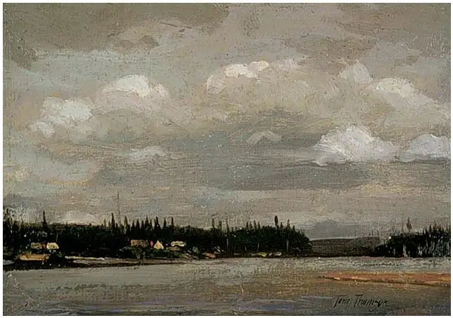 Vista su un lago: riva con case - Tom Thomson