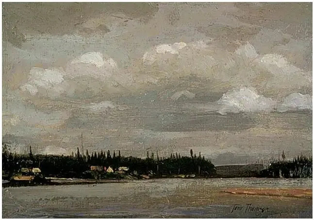 Vista su un lago: riva con case - Tom Thomson