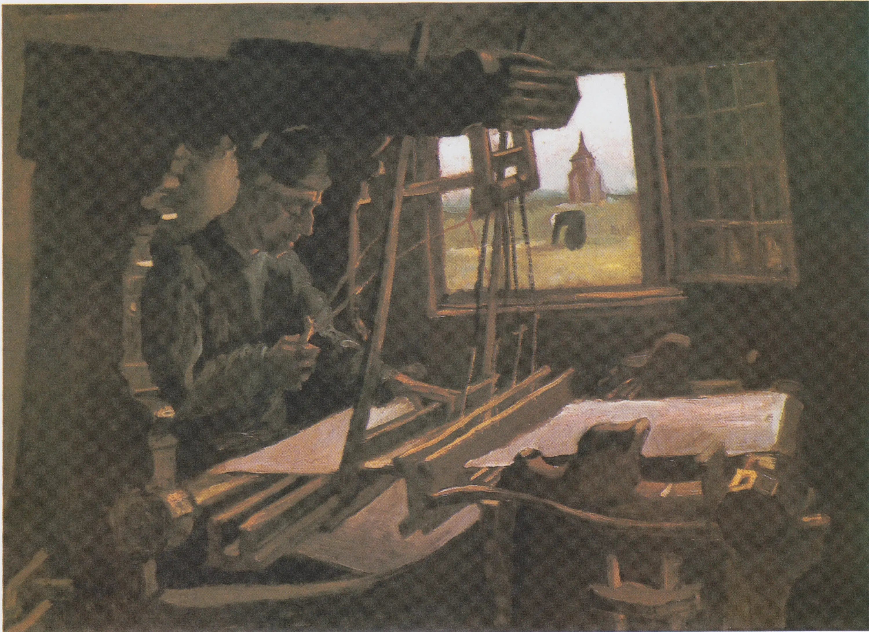 Reproduction du tableau « Weber devant une fenêtre ouverte avec vue sur la Tour de Nuenen - Vincent van Gogh » par Alpha Reproduction en peinture à l’huile