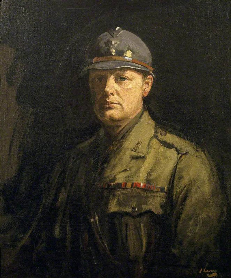 Winston Churchill (1874-1965) indossa un elmetto d'acciaio da fante francese - John Lavery