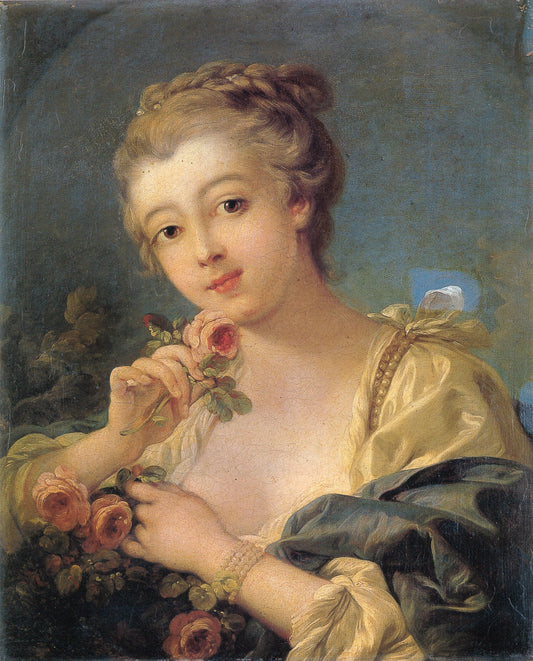 Young Woman with a Bouquet of Roses - François Boucher - Reproductions de tableaux et peintures haut de gamme