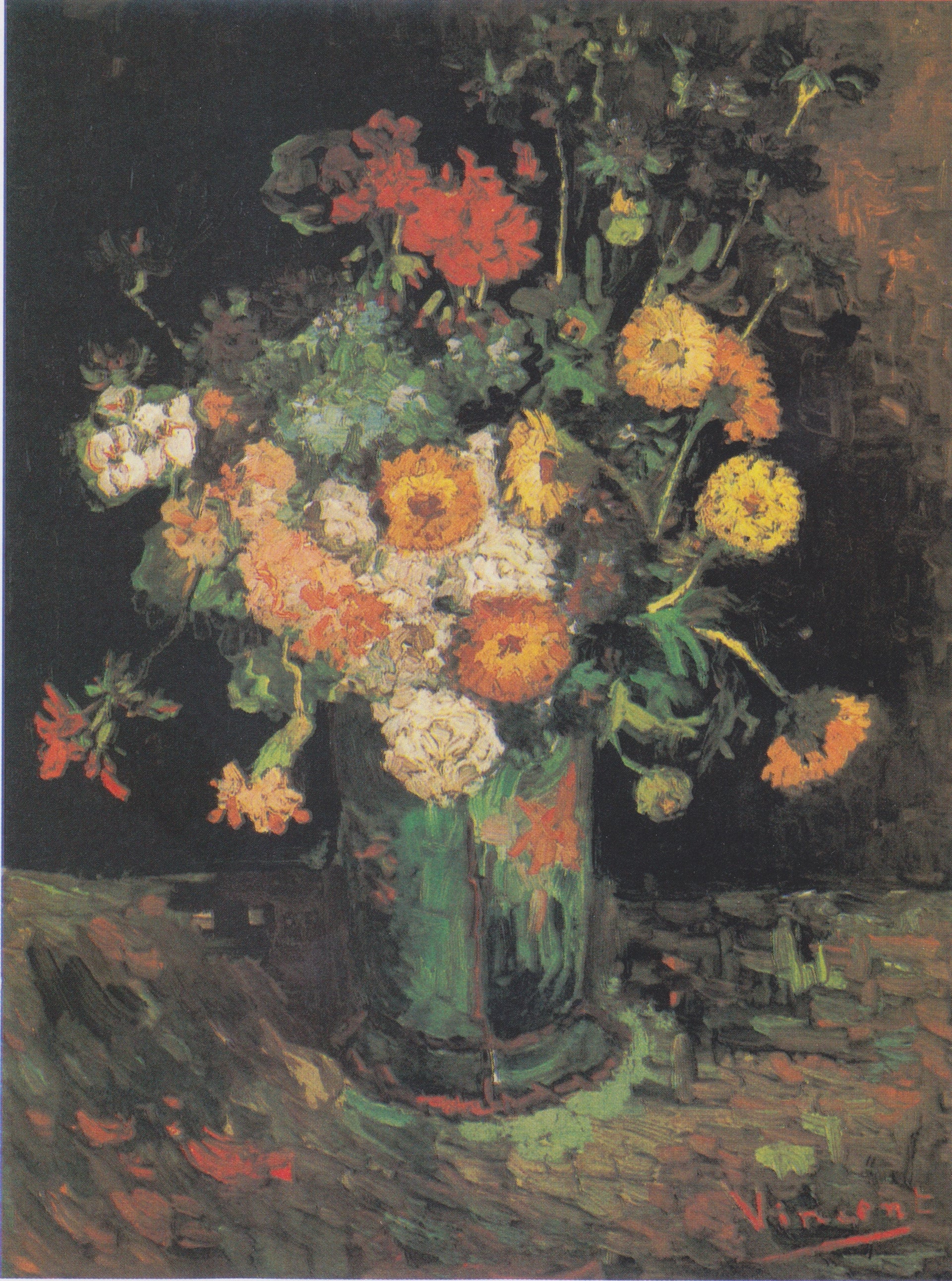 Zinnias et géraniums dans un vase F241 — bouquet multicolore peint par Vincent van Gogh à Paris